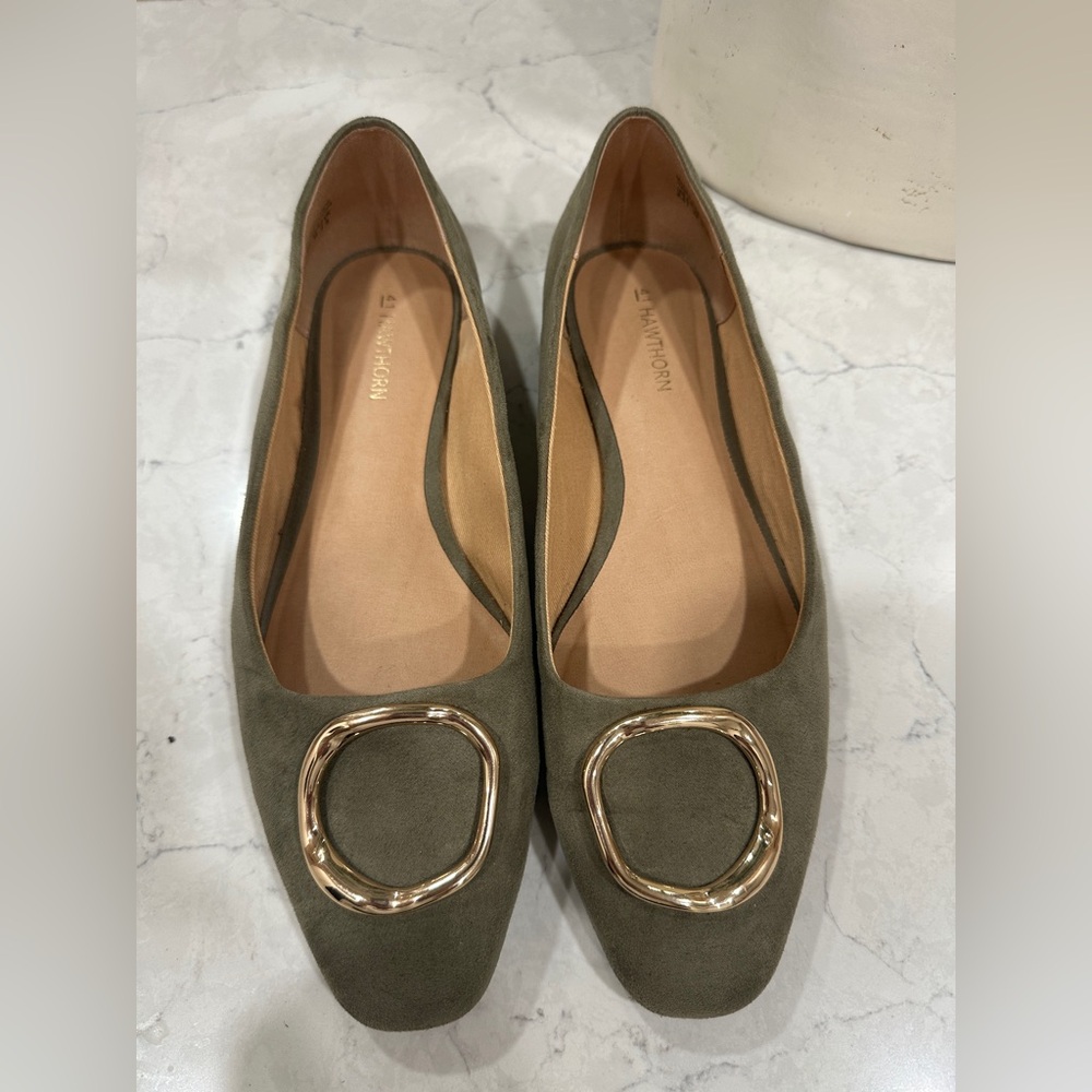 41 Hawthorn Olive Flats with Gold Buckle